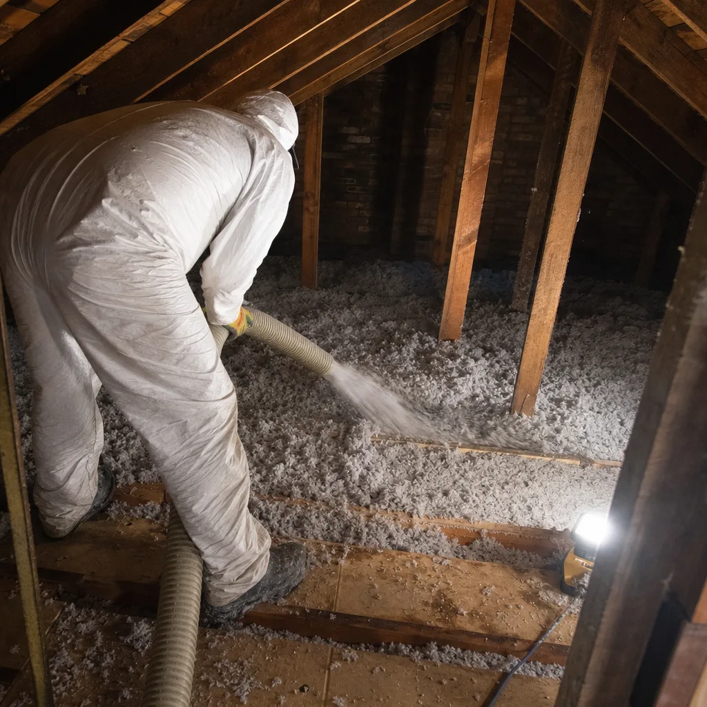 professional applying loose-fill attic insulation with an industrial spray hose