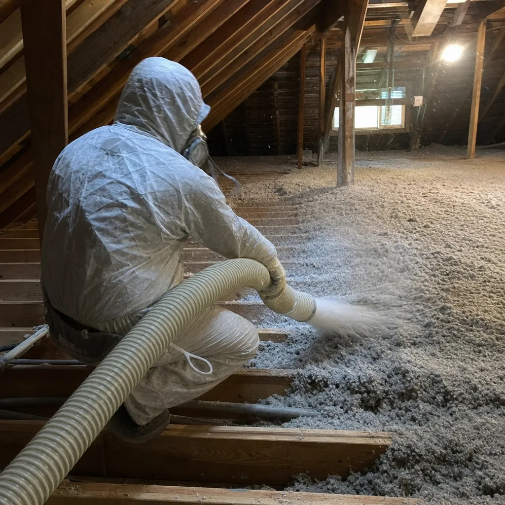 Professional contractor installing blown-in attic insulation with a pneumatic hose