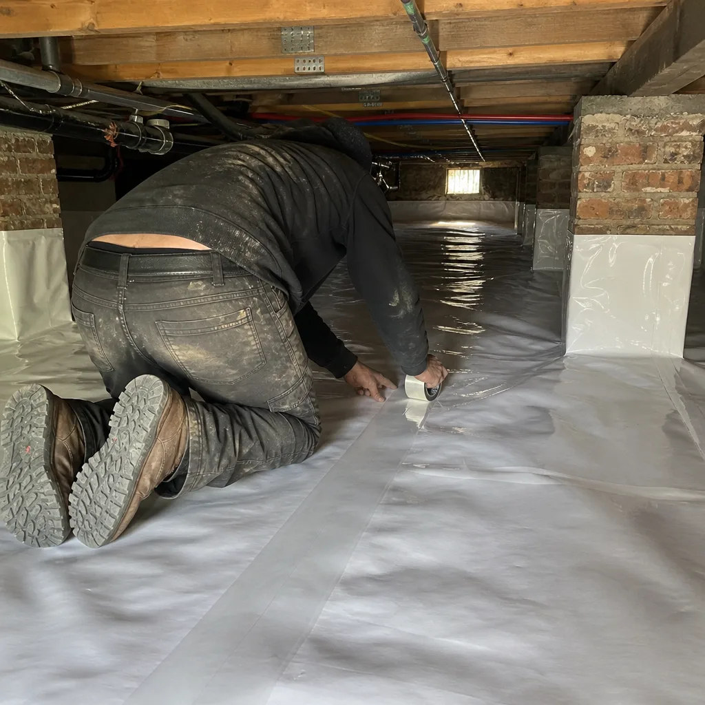 Technician installing crawl space vapor barrier and sealing seams