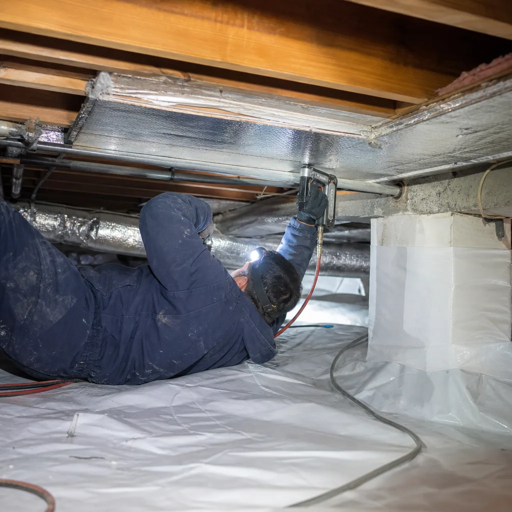 Technician performing professional crawl space encapsulation and vapor barrier installation.